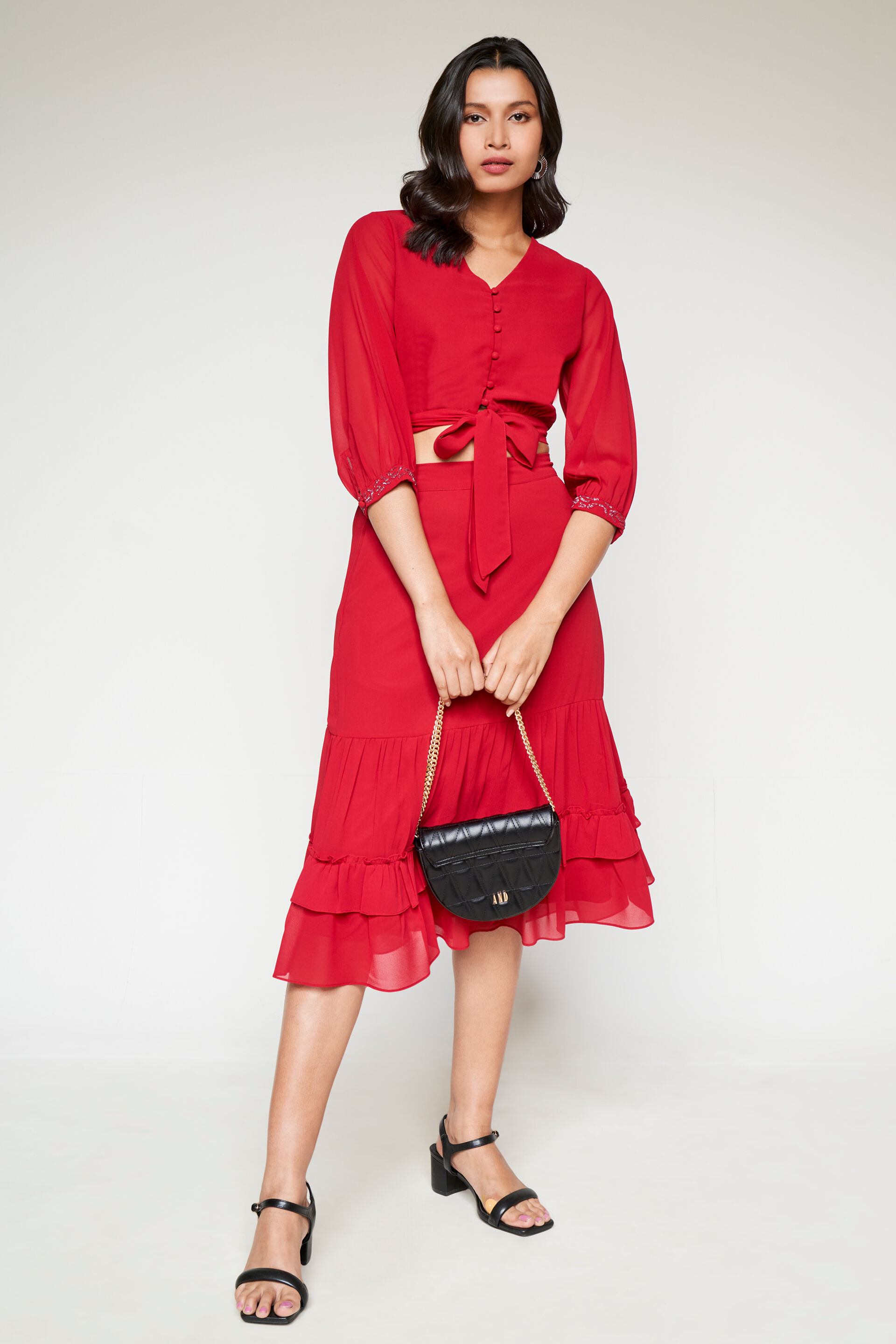 Red Crop Top-Skirt Set, Red, image 2